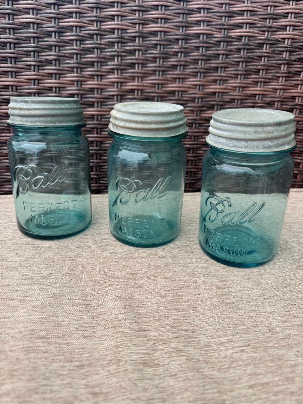 3 antique Pint Ball Perfect Aqua Blue Mason Jars with Zinc Porcelain Lids